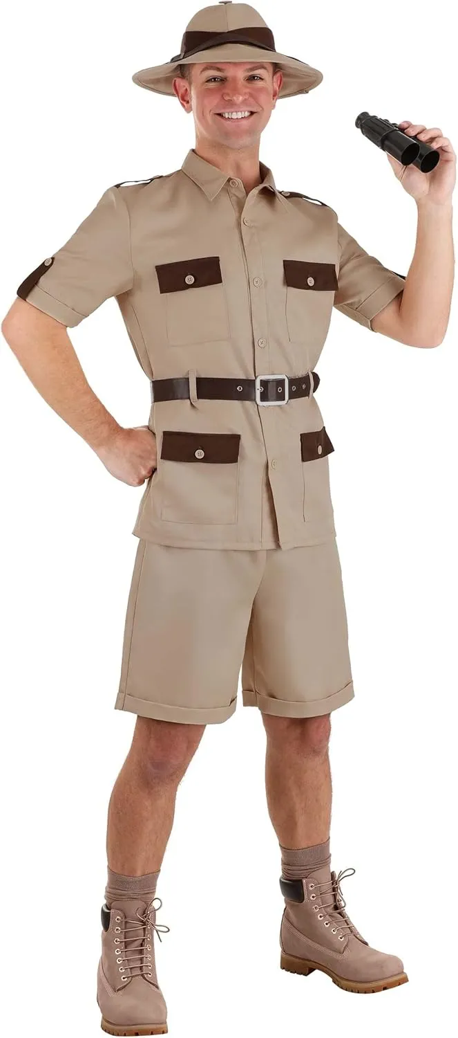 Safari Explorer Costume for Adults - Shirt, Shorts, Hat & Belt with Functional Pockets