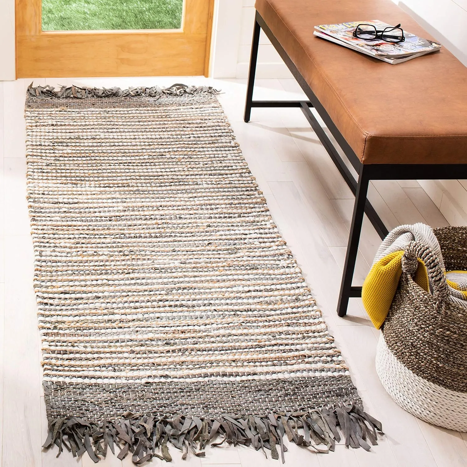 SAFAVIEH Vintage Leather Collection Runner Rug - 2'3" x 9', Grey & Multi, Handmade Boho Fringe Leather, Ideal for High Traffic Areas in Living Room, Bedroom (VTL373A)