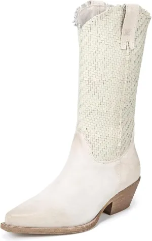 Sam Edelman Brenda Off White Stacked Heel Pointy Toe Woven Mid-Calf Western Boot