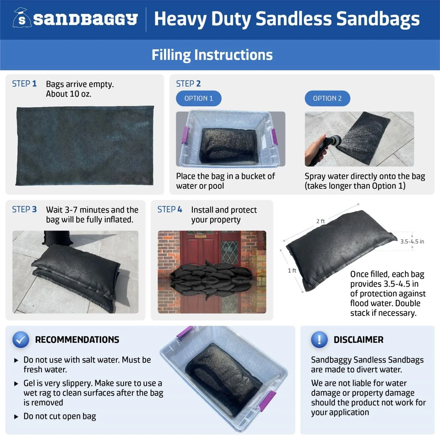 Sandbaggy 14" x 26" Water Activated Sandless Sandbags - Flood Barriers, Erosion Control (Black) - Made in The USA (1 Sandbag)