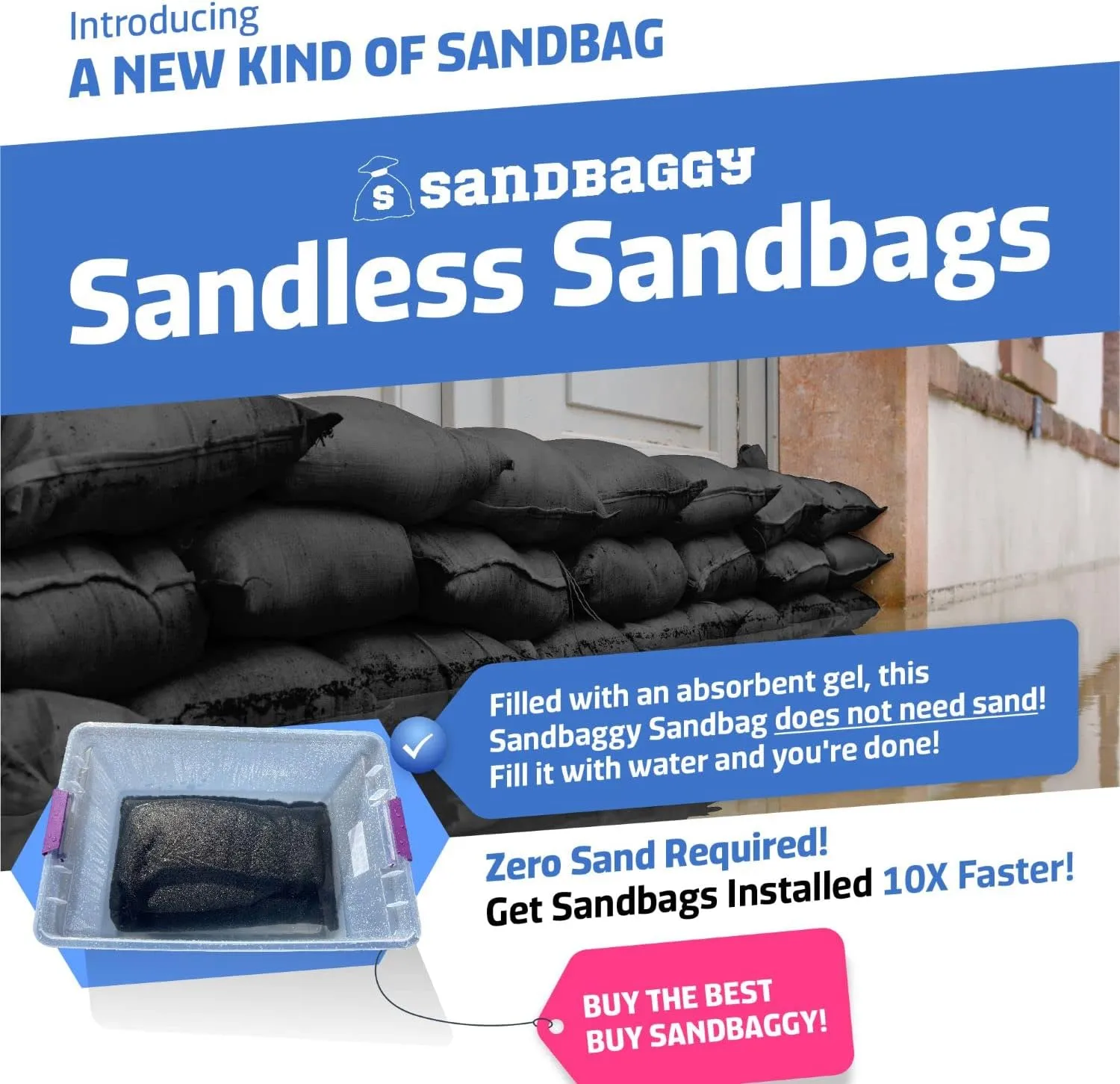 Sandbaggy 14" x 26" Water Activated Sandless Sandbags - Flood Barriers, Erosion Control (Black) - Made in The USA (1 Sandbag)