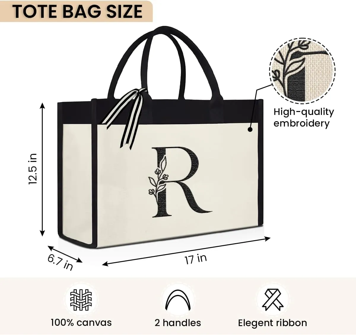 SANDJEST Initial Canvas Tote Bag Embroidered Monogrammed Beach Bags Gift for Women Friend Coworker Bridesmaid