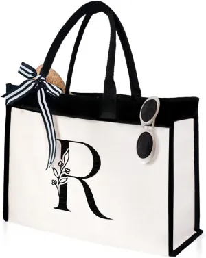 SANDJEST Initial Canvas Tote Bag Embroidered Monogrammed Beach Bags Gift for Women Friend Coworker Bridesmaid