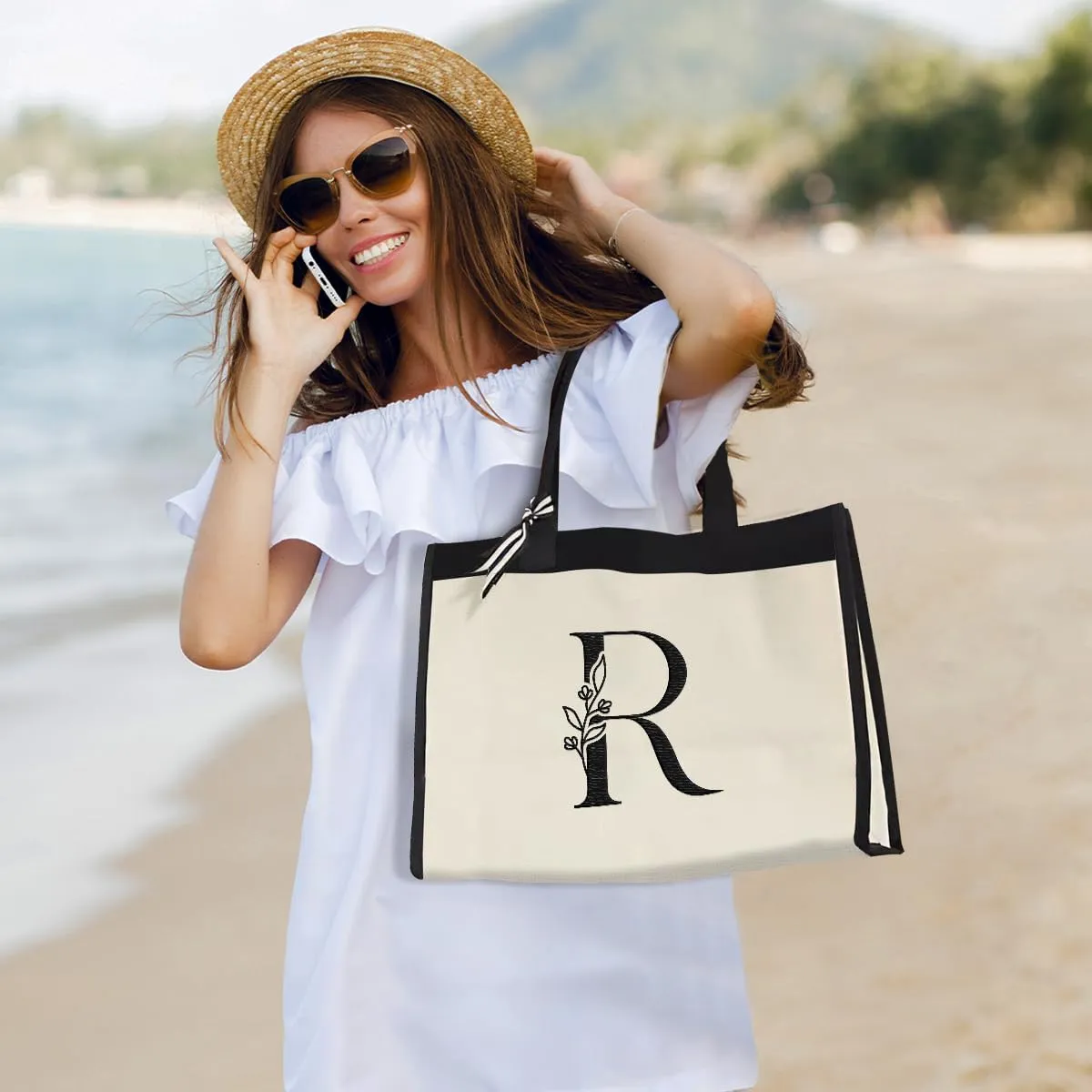 SANDJEST Initial Canvas Tote Bag Embroidered Monogrammed Beach Bags Gift for Women Friend Coworker Bridesmaid