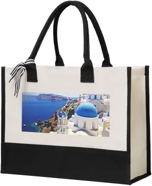 Santorini Greek Island Sea View Print Canvas Shopping Bag Reusable Handbag For Everyday And Special Occasions
