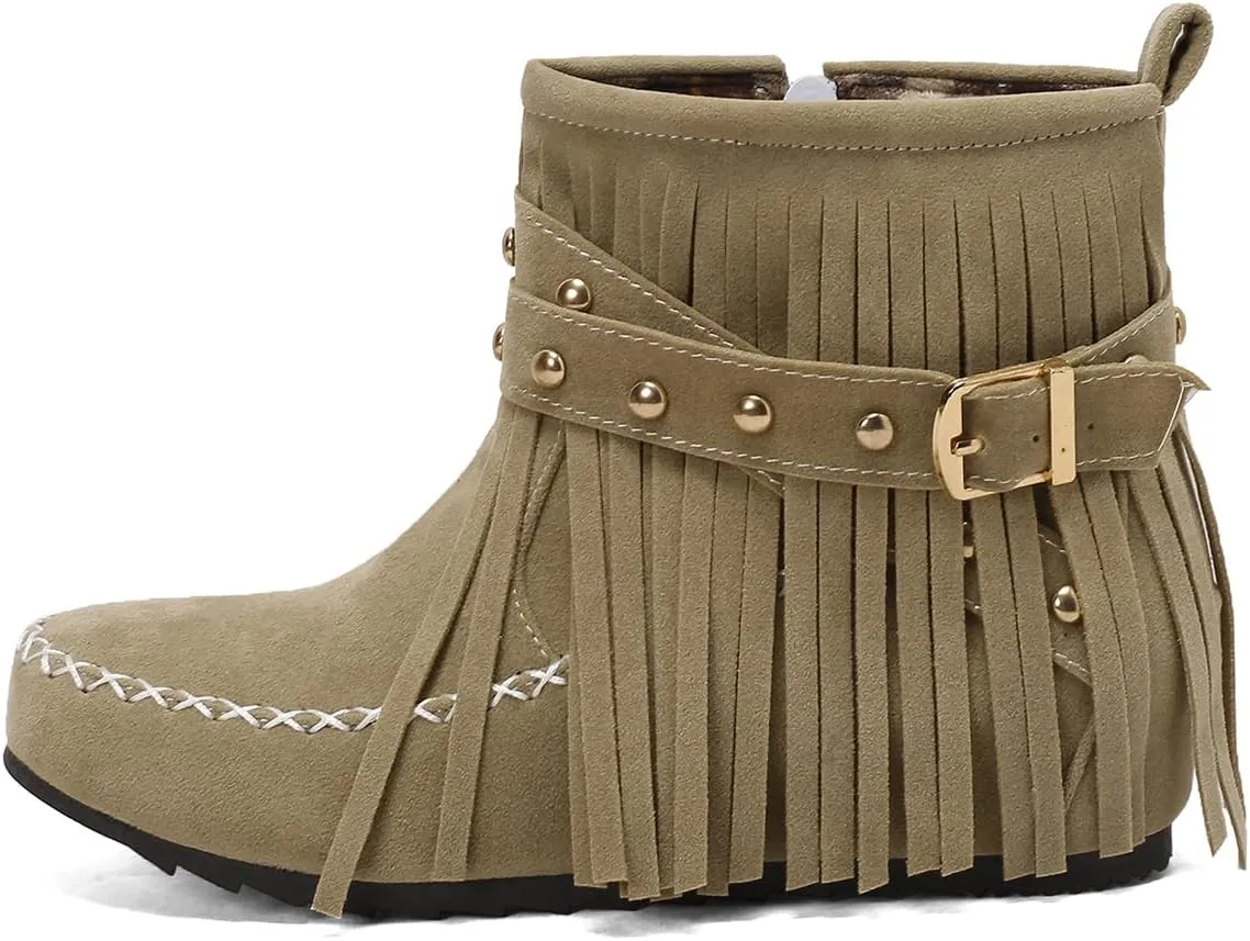 Scaoruki Women Casual Ankle Boots Flat Fringe Mocassion Booties