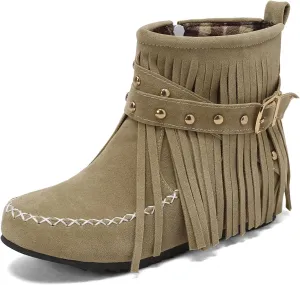 Scaoruki Women Casual Ankle Boots Flat Fringe Mocassion Booties