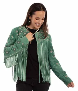 Scully Teal Lamb Suede Fringe Jacket