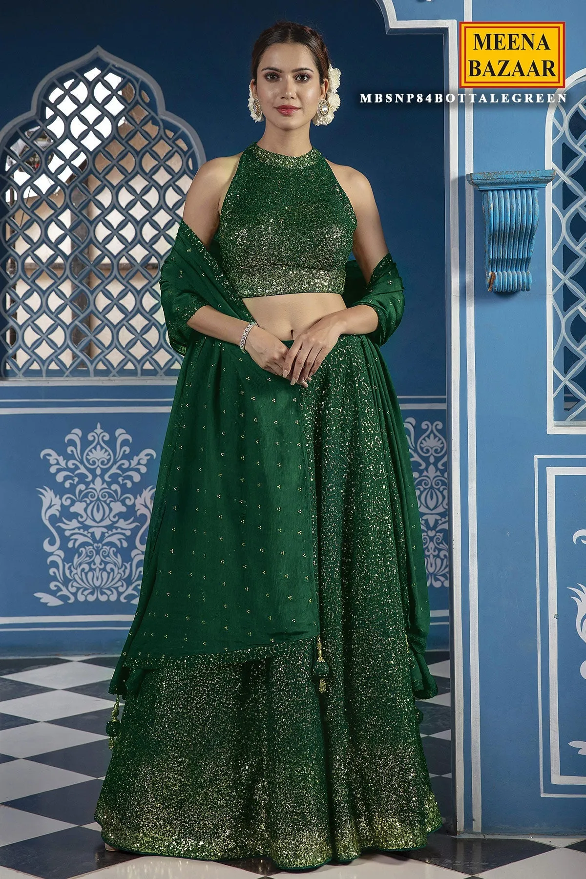Sequined Bottle Green Georgette Lehenga