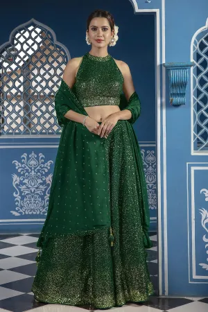 Sequined Bottle Green Georgette Lehenga