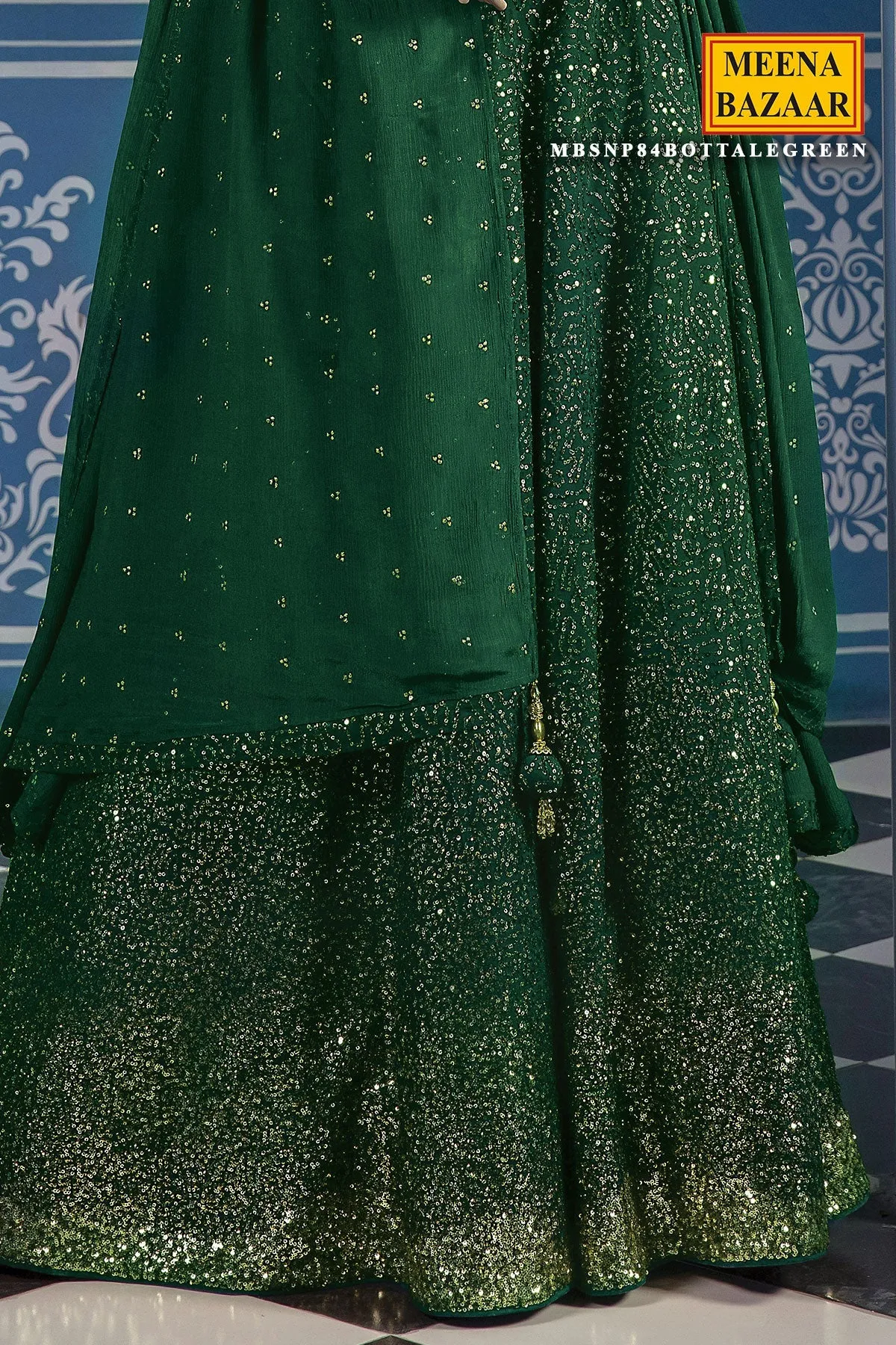 Sequined Bottle Green Georgette Lehenga