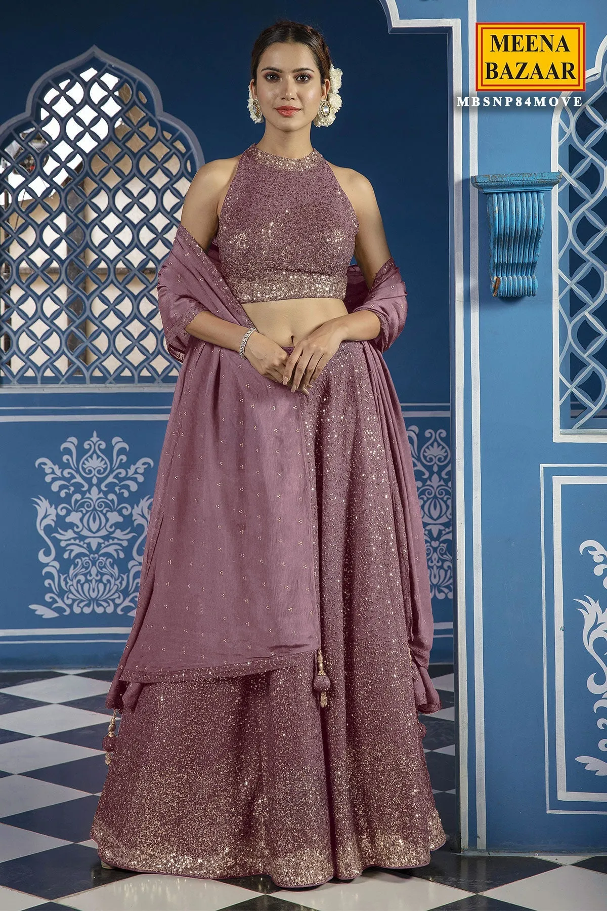 Sequined Mauve Georgette Lehenga