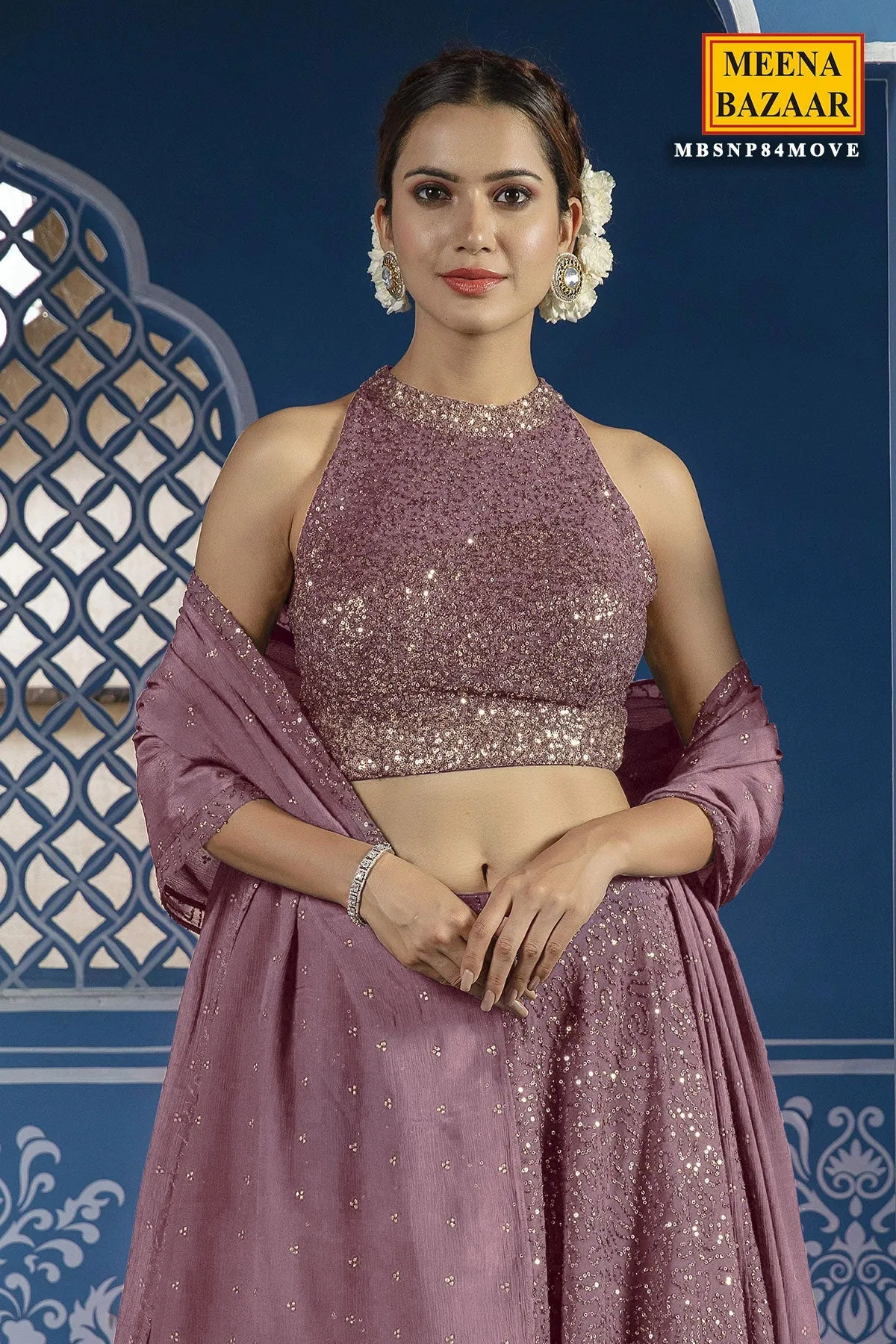 Sequined Mauve Georgette Lehenga