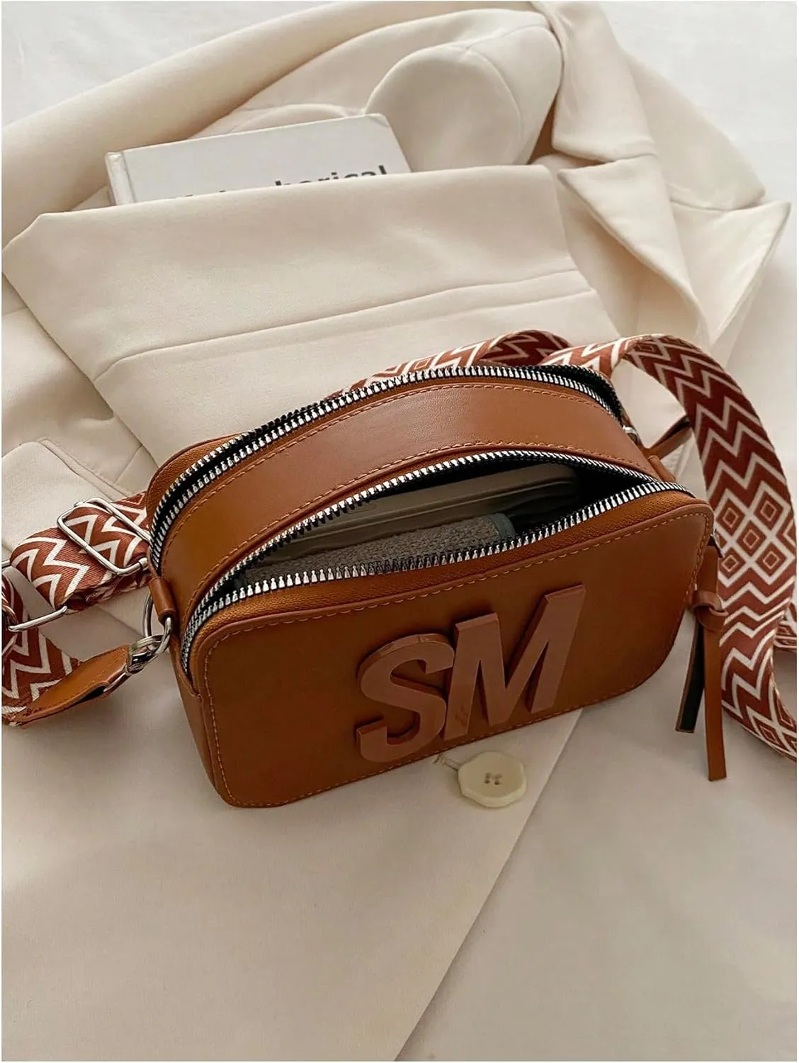SHENHE Women's Letter Decor Crossbody Bags Double Zipper Mini Camera Bag with Geo Strap