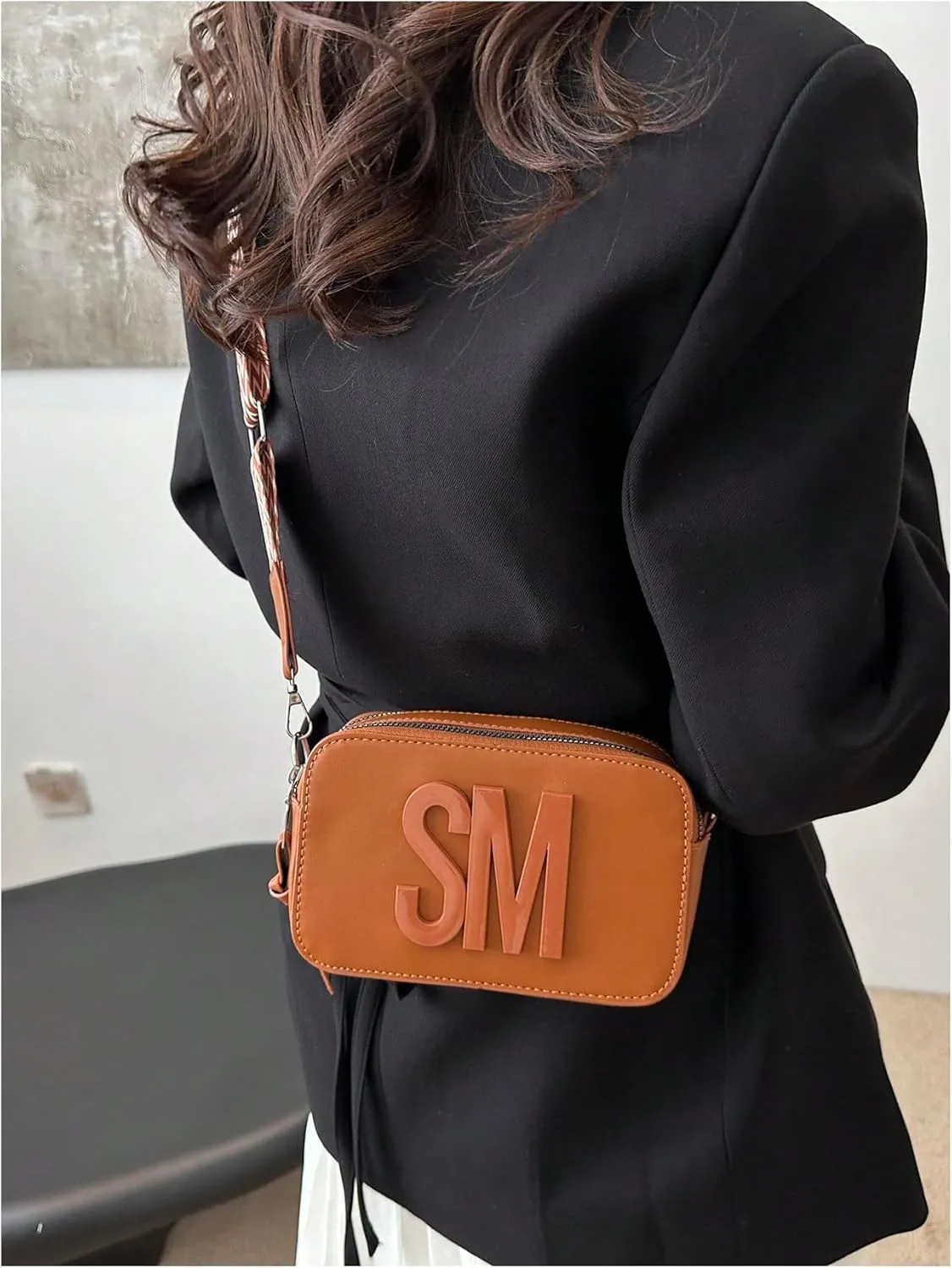 SHENHE Women's Letter Decor Crossbody Bags Double Zipper Mini Camera Bag with Geo Strap