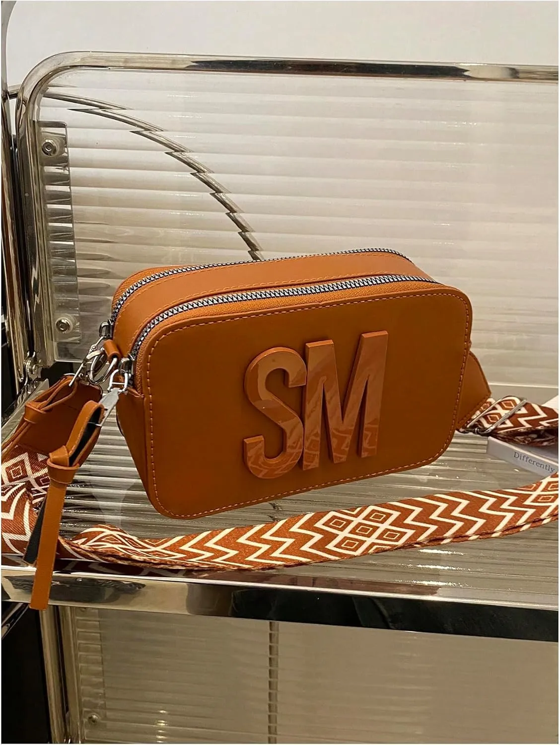 SHENHE Women's Letter Decor Crossbody Bags Double Zipper Mini Camera Bag with Geo Strap