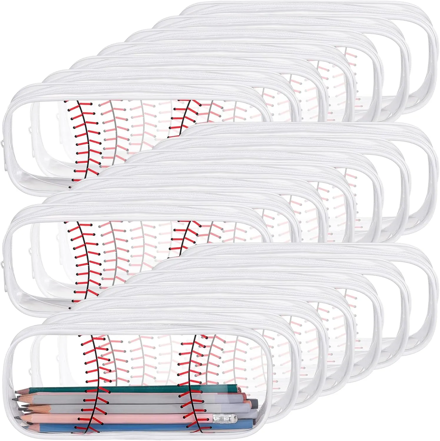 Sherr 20 Pcs Baseball PVC Pencil Bag Baseball Clear Pencil Case with Zipper Bulk Sports Big Capacity Makeup Pouch Clear Travel Toiletry Bag for School Office Stationery Travel