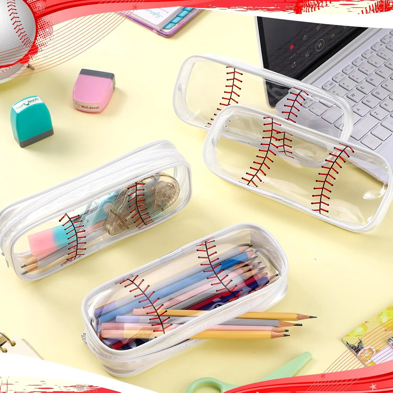 Sherr 20 Pcs Baseball PVC Pencil Bag Baseball Clear Pencil Case with Zipper Bulk Sports Big Capacity Makeup Pouch Clear Travel Toiletry Bag for School Office Stationery Travel