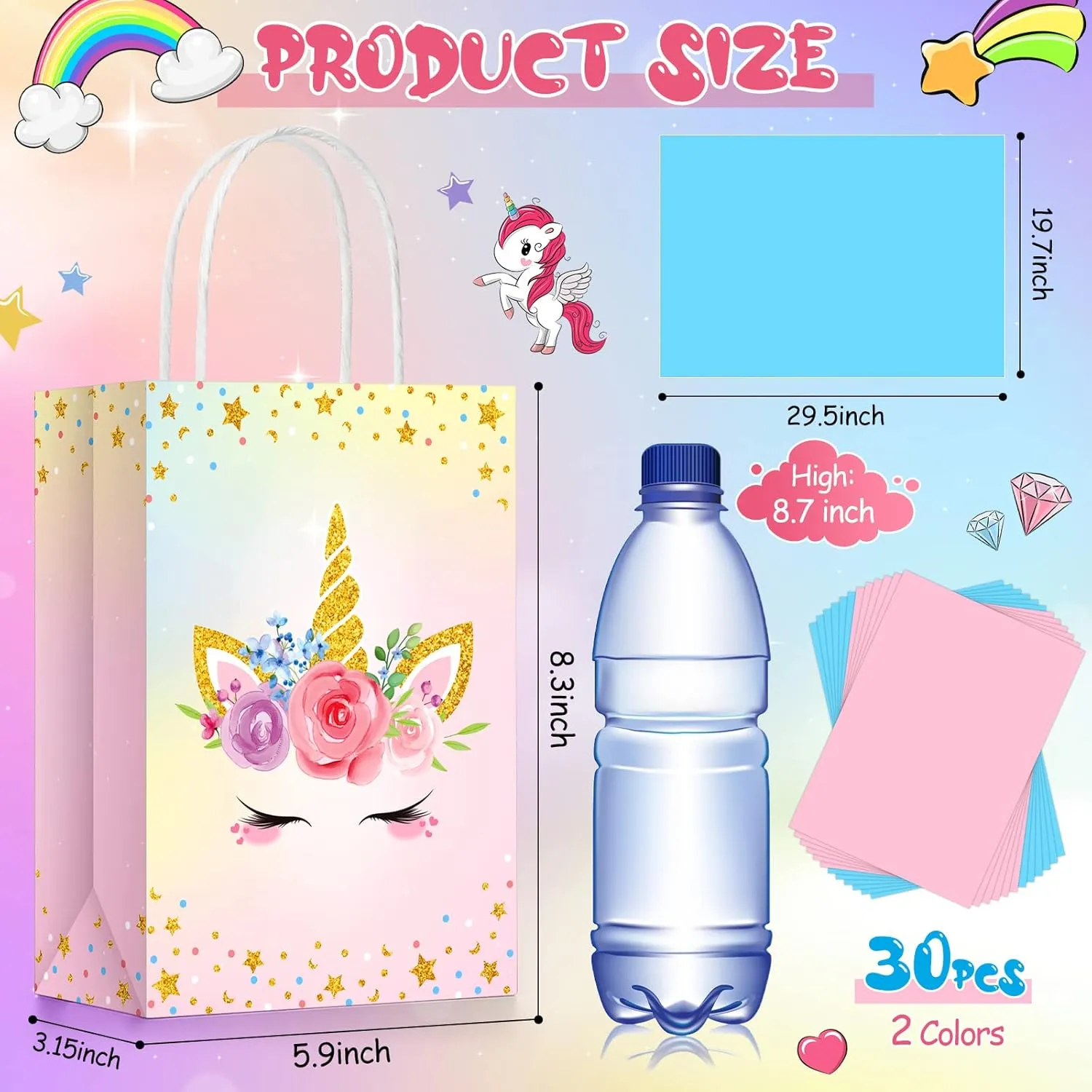 Sherr 30 Pcs Unicorn Party Favor Bags with Handles Tissue Paper Candy Treat Gift Goodie Bags Unicorn Party Supplies for Kids Girls Boys Birthday Decorations