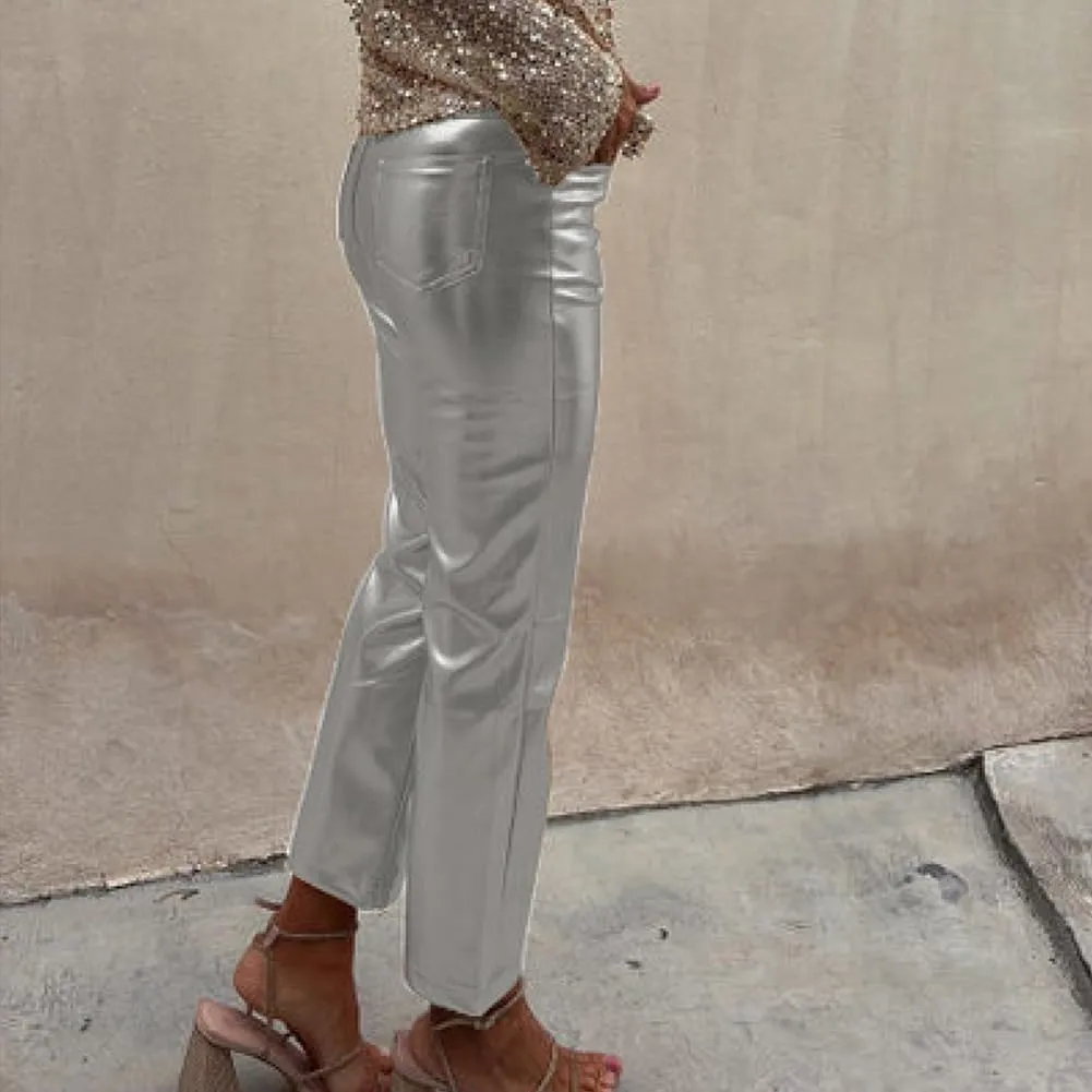 Shiny Metallic Women's Holographic Glitter Rave Dance Cropped Pants