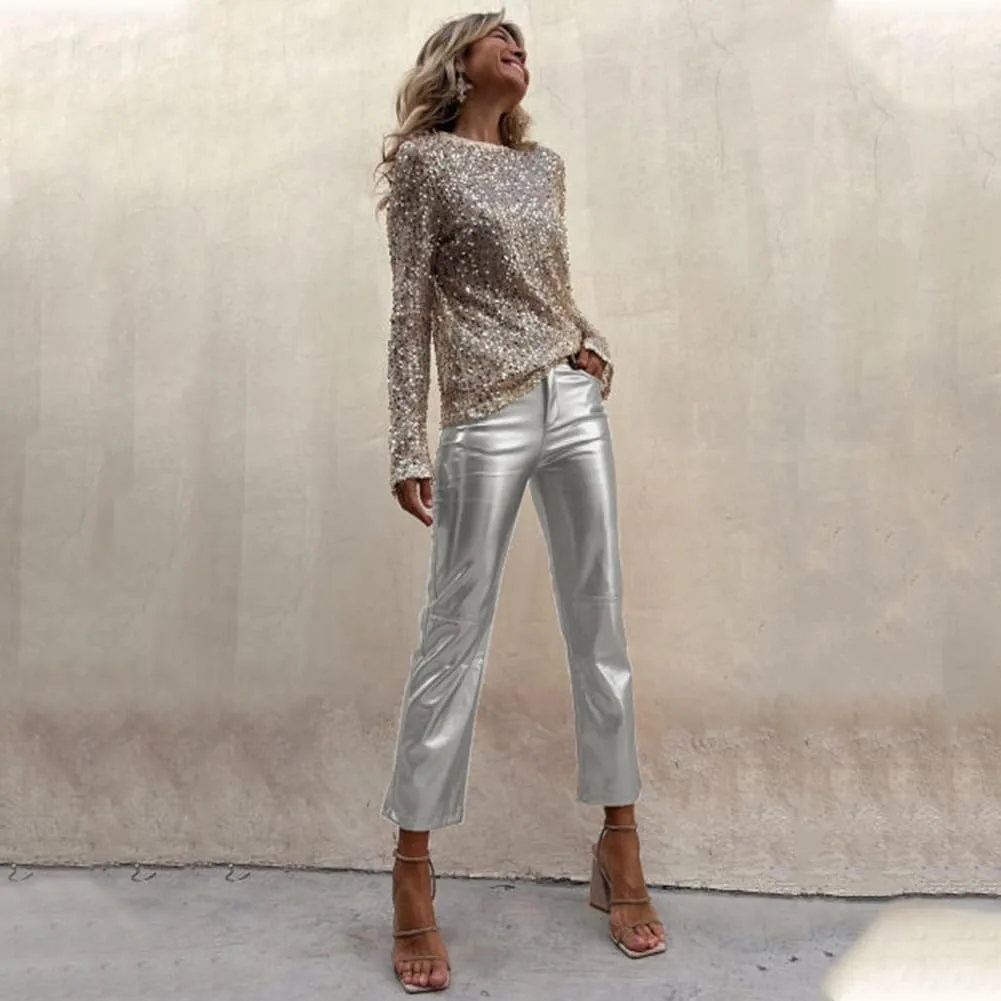 Shiny Metallic Women's Holographic Glitter Rave Dance Cropped Pants