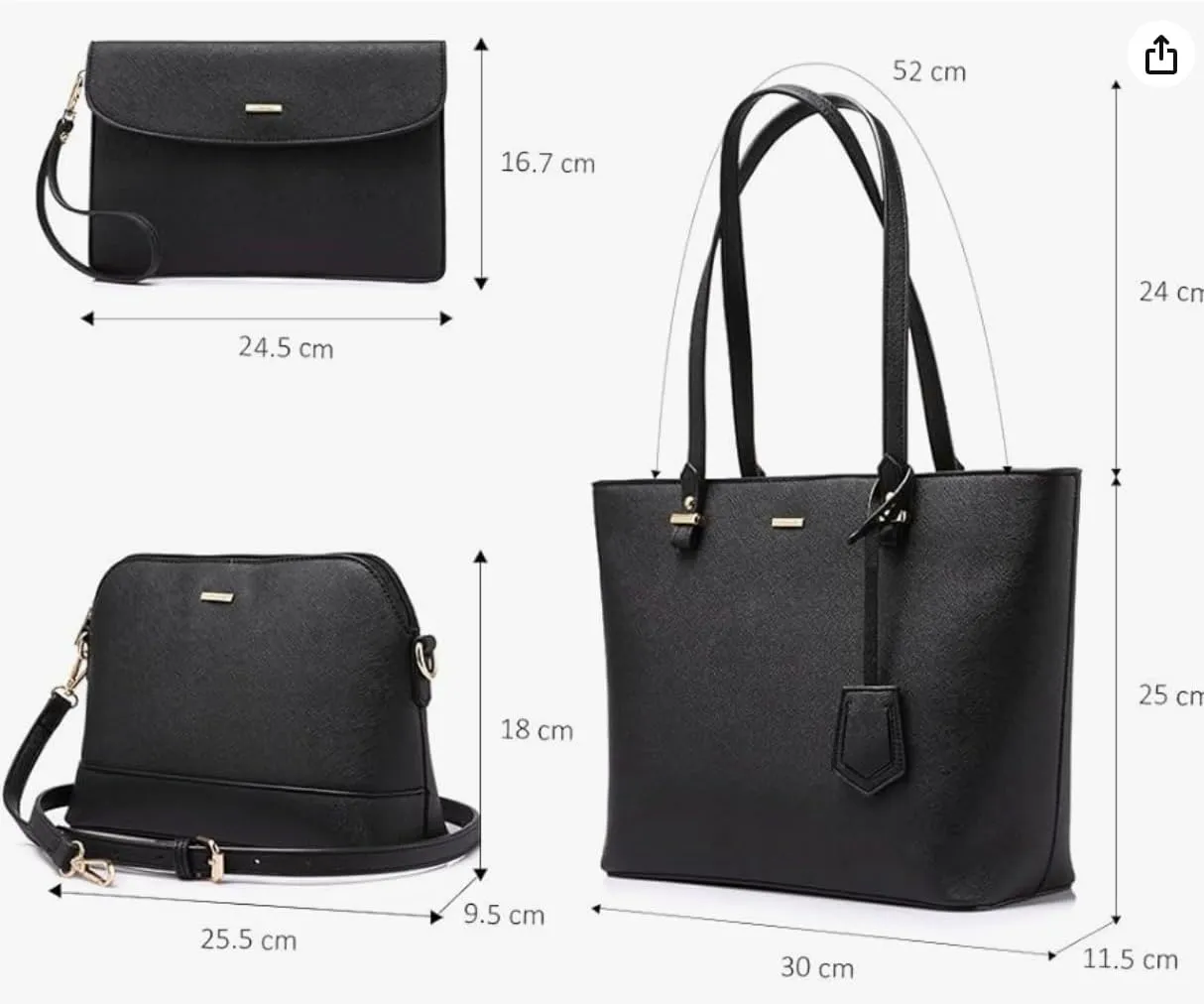Shoulder bag, Crossbody Bag & Wristlet Wallet(Set of 3-Pure Black) Synthetic Leather Zipper Bag.