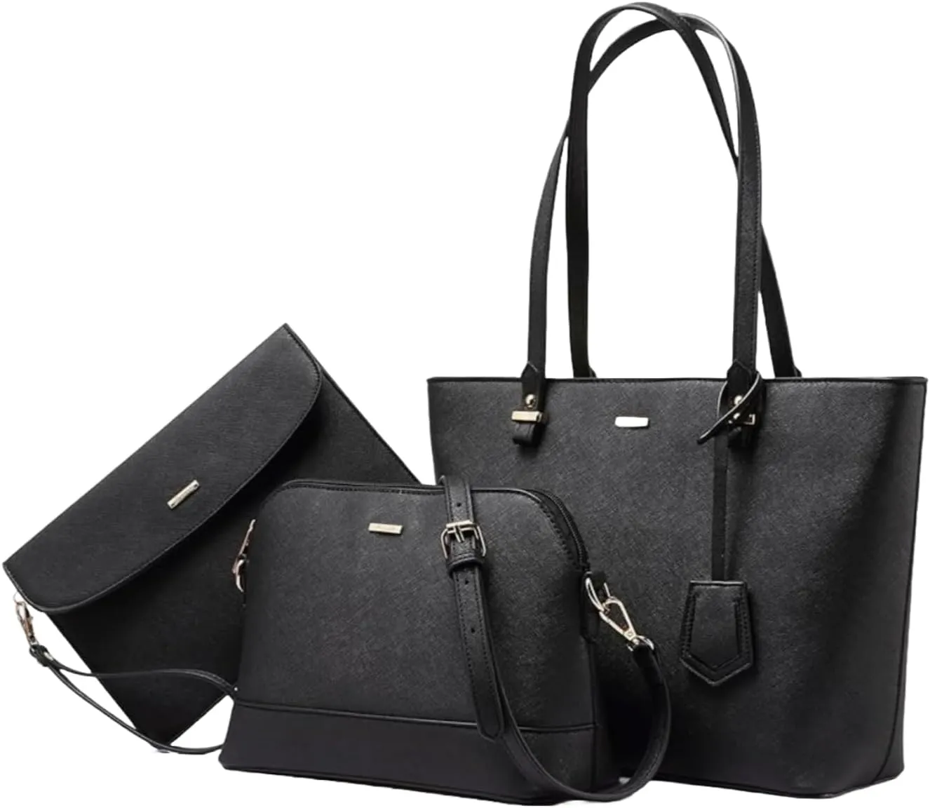 Shoulder bag, Crossbody Bag & Wristlet Wallet(Set of 3-Pure Black) Synthetic Leather Zipper Bag.