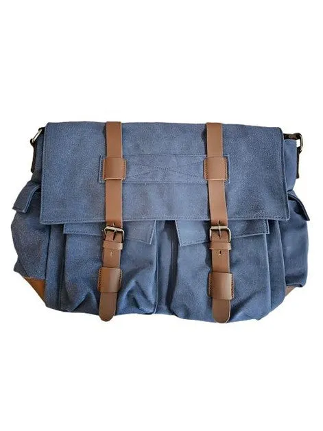 Shoulder Messenger Bag - Canvas & Leather - Blue