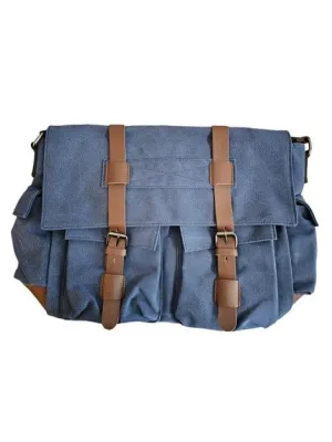 Shoulder Messenger Bag - Canvas & Leather - Blue