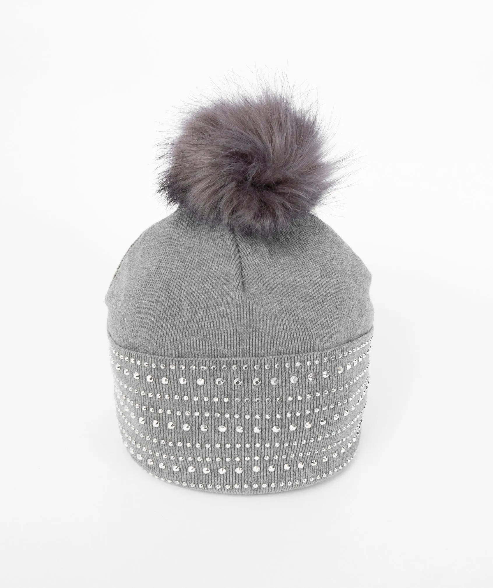 Silver Grey Cotton Beanie Hat with Large Pom Pom and Tonal Rhinestones