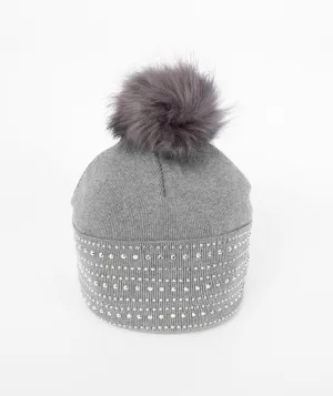 Silver Grey Cotton Beanie Hat with Large Pom Pom and Tonal Rhinestones