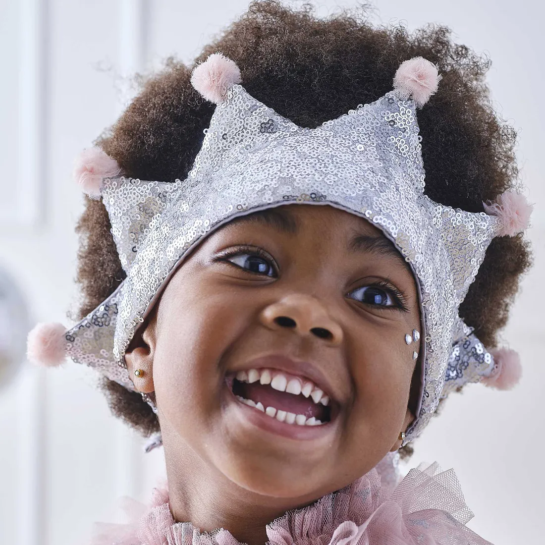 Silver Sequin & Pom Pom Princess Crown
