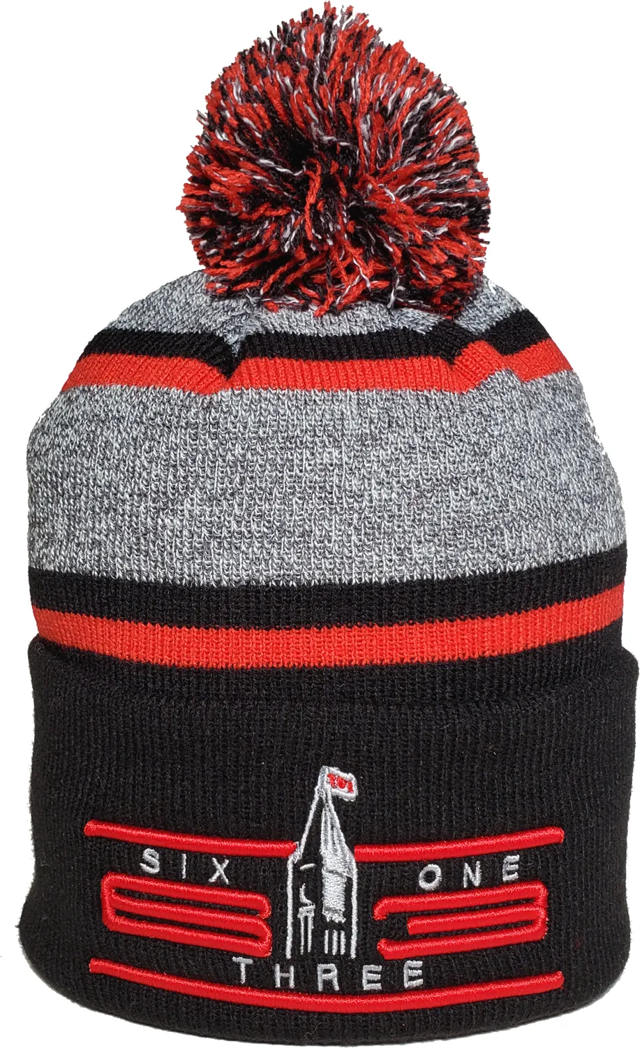 Six One 3 Cyber Acrylic Cuff Pom Ottawa Toque Grey Black Red