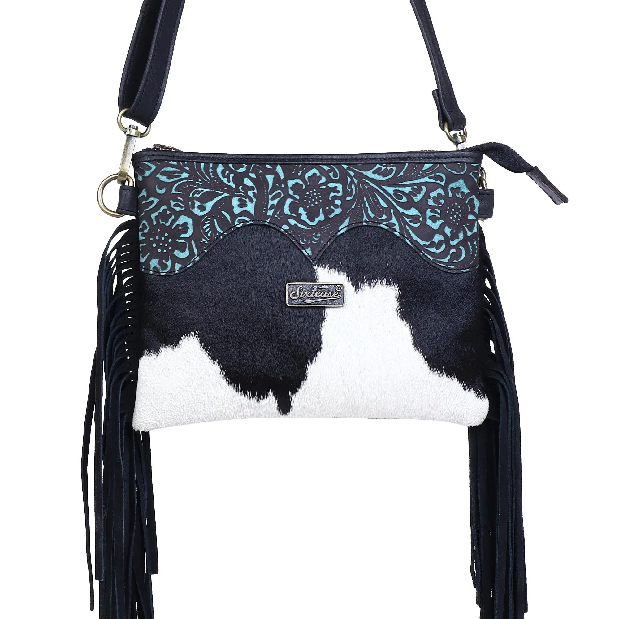 Sixtease's Sapphire Sky Small Crossbody Bag: Luxurious Leather, Sky-inspired Hairon Detail - Carry a Piece of Sapphire Sky with Every Adventure!  - (SB-7081)