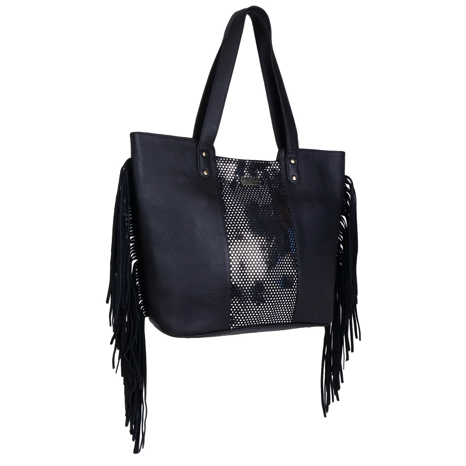 Sixtease's Shimmering Silver Tote Bag: Sleek Leather, Elegant Black Hair Detail - Sparkle Your Way Through Everyday Adventures! (SB-7011)