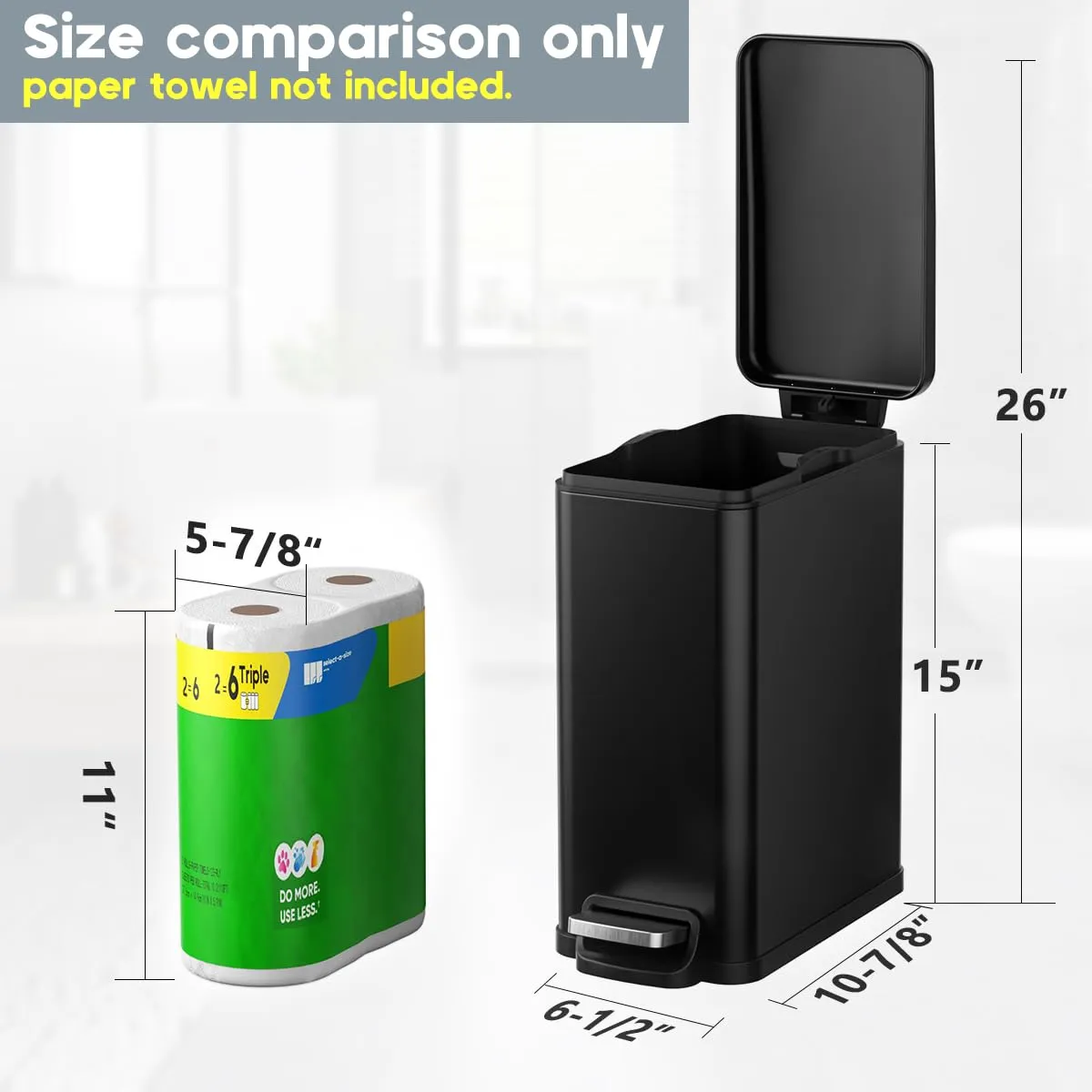 Slim Bathroom Trash Can with Lid Soft Close, 2.6 Gallon Stainless Steel Garbage Can with Removable Inner Bucket, Durable Step Pedal, Small Trash Bins for Toilet, Bedroom, Kitchen, Office