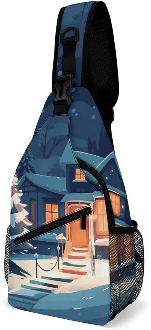 Sling Bag for Women Men Chest Bag Christmas Tree Decorated House Crossbody Bag Small Sling Backpack Daypack Fanny Packs