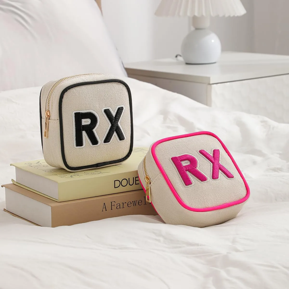 Small Canvas Rx Medicine Packages, Cute Chenille Letter Patch Drug Makeup Bag with Metal Zipper, Mini Travel First Aid Purse Organizer Machine Washable (04Light-Pink)