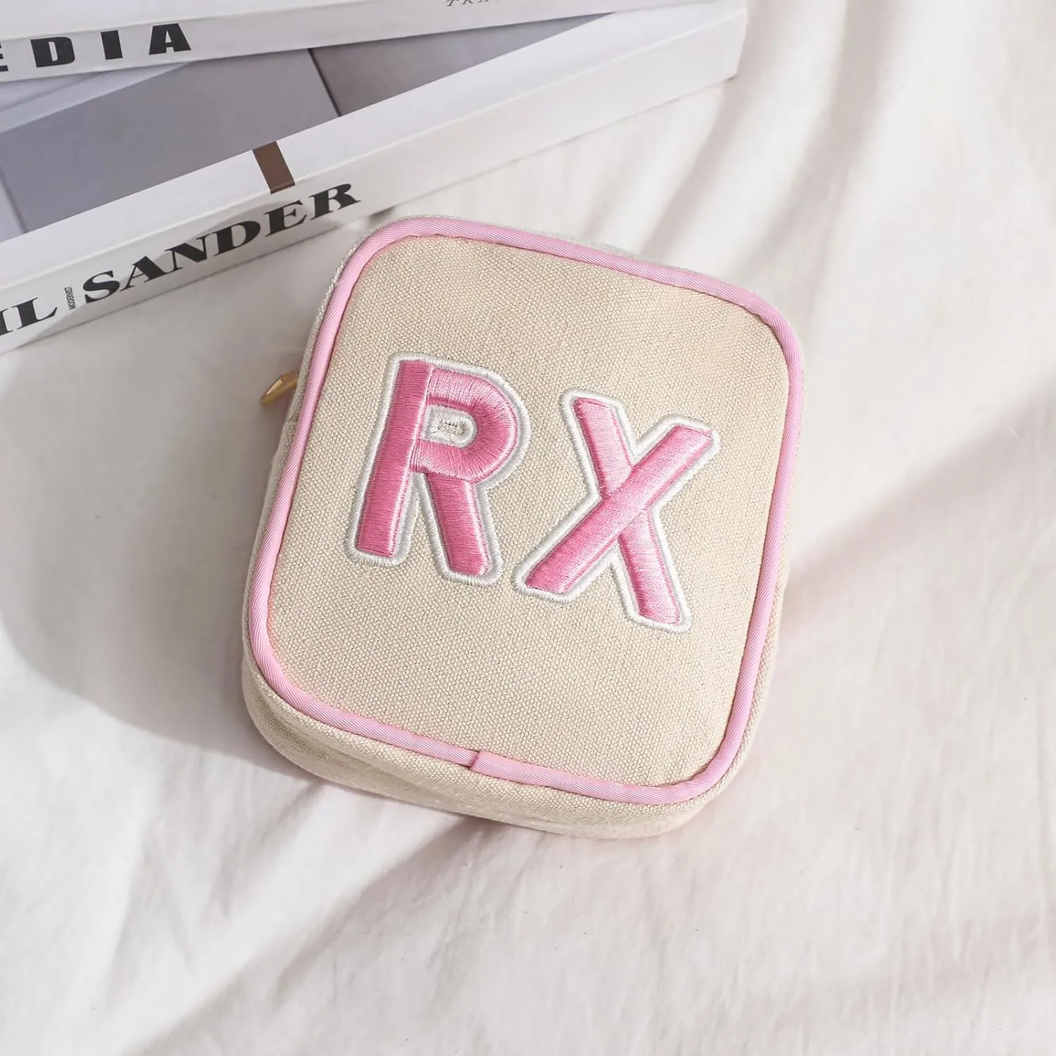Small Canvas Rx Medicine Packages, Cute Chenille Letter Patch Drug Makeup Bag with Metal Zipper, Mini Travel First Aid Purse Organizer Machine Washable (04Light-Pink)