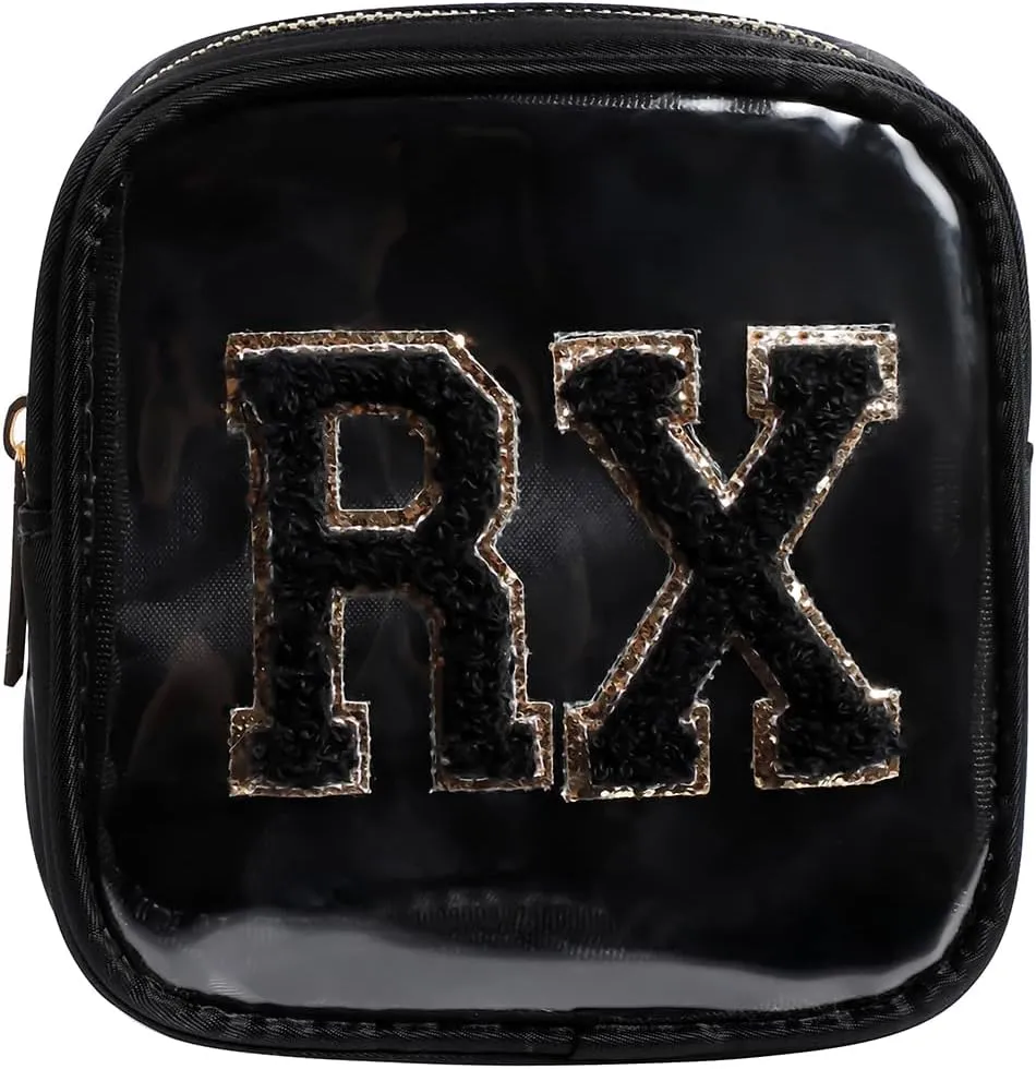 Small Chenille Letter Clear Medicine Makeup Bags,Nylon PVC Waterproof Rx Pouch with Metal Zipper, Cute Drug First Aid Travel Organizer for Women Girls(05Black)