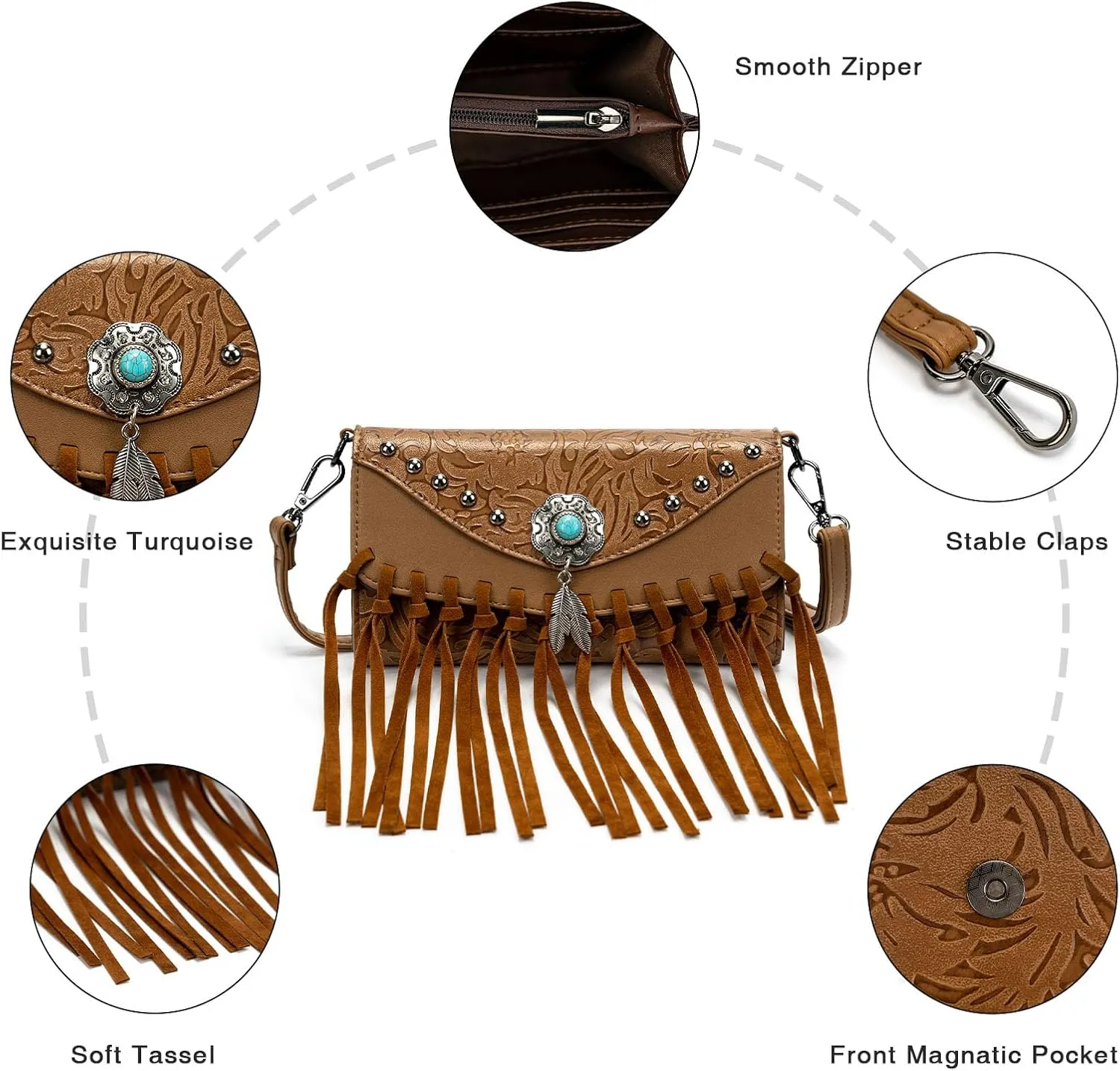 Small Crossbody Bags for Women Crossbody Handbag Fringe Purse Tassel Shoulder Bag Turquoise Concho Wallet