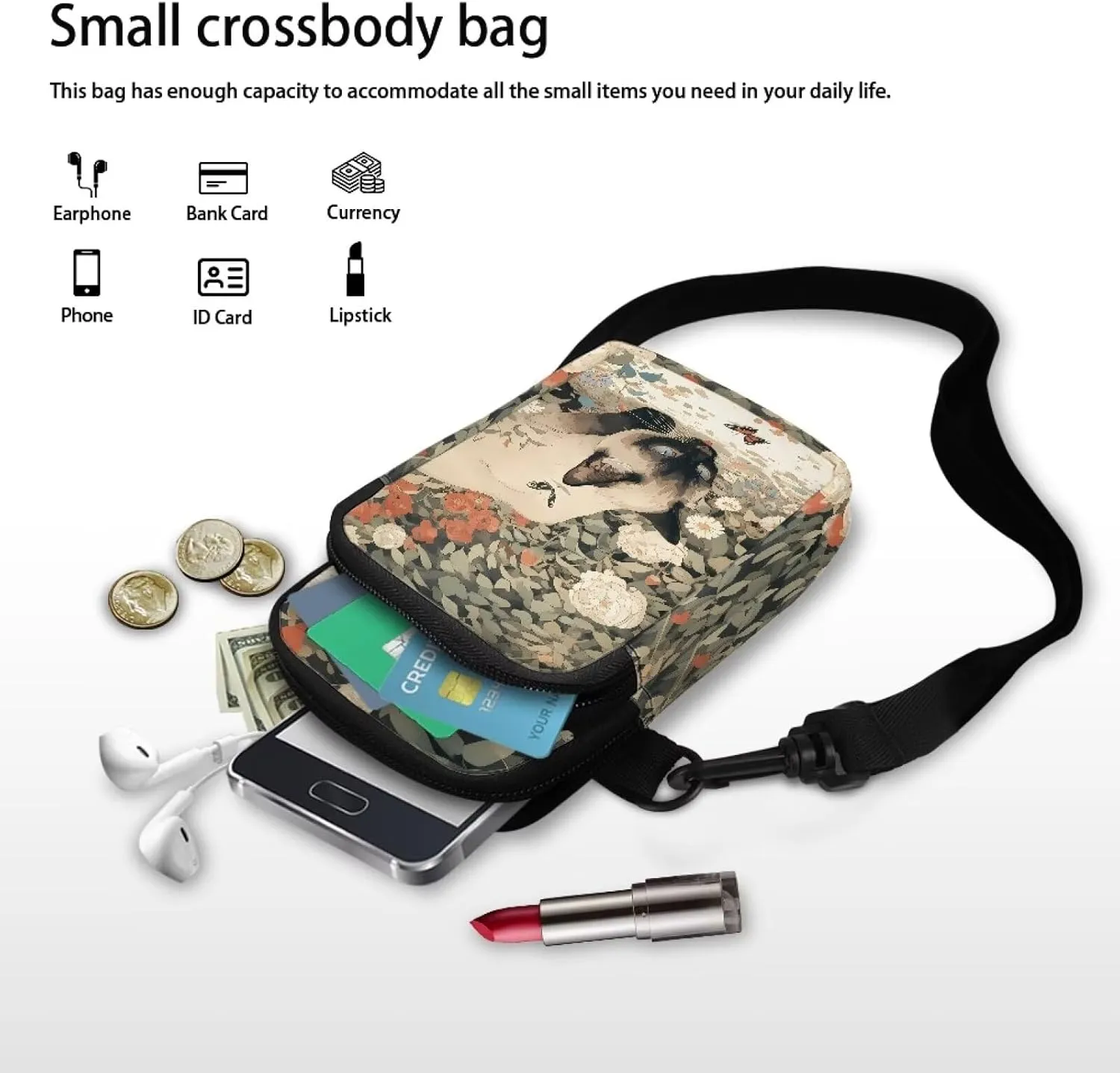 Small Crossbody Bags for Women Peacock Birds Cell Phone Purses, Skulls Print Sling Handbags Travel Pouch Wallet