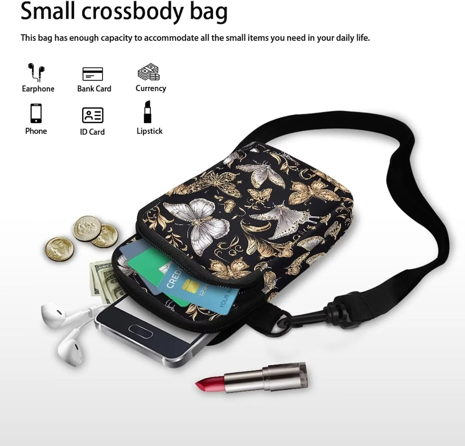 Small Crossbody Bags for Women Peacock Birds Cell Phone Purses, Skulls Print Sling Handbags Travel Pouch Wallet