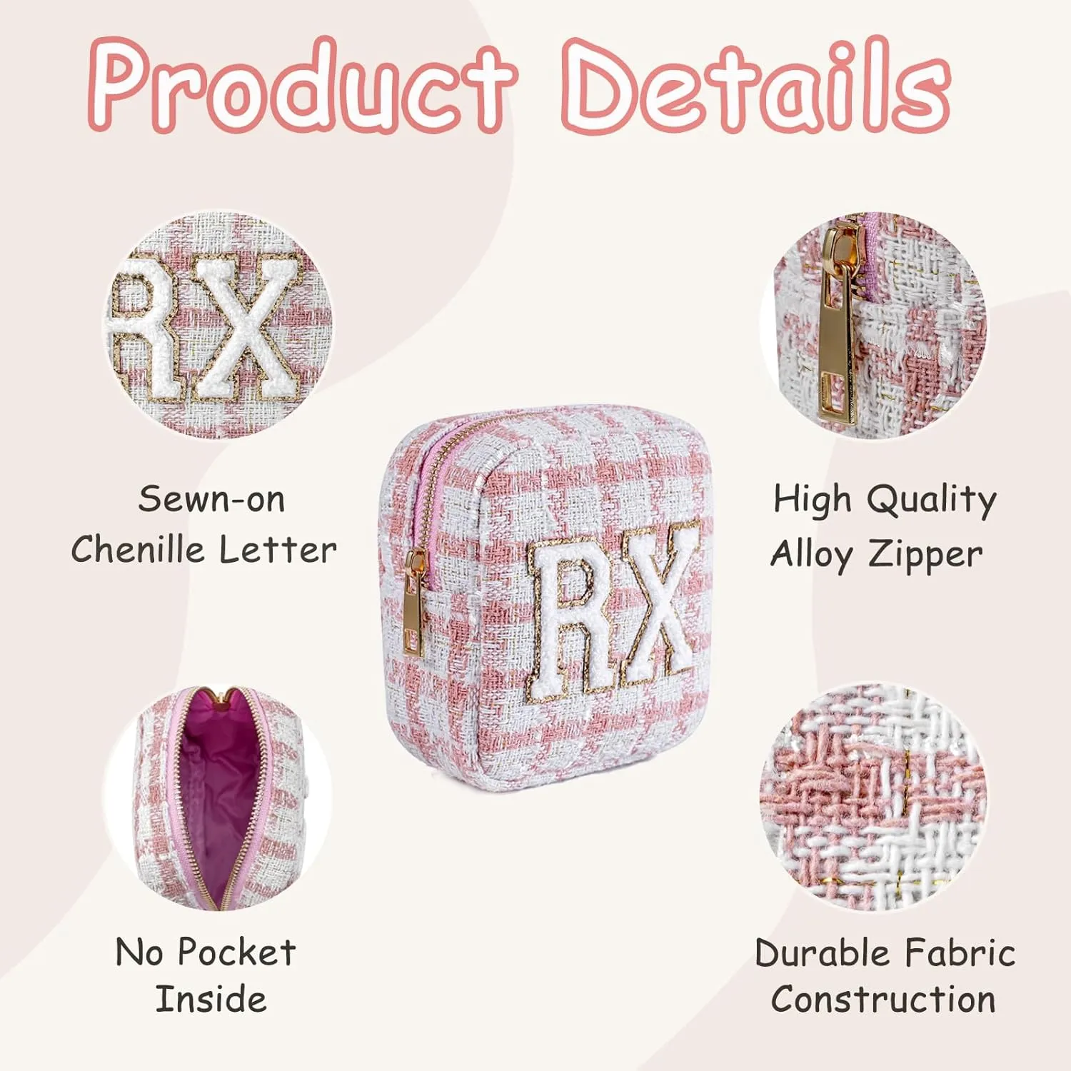 Small Medicine Bag for Travel, Personalized RX Chenille Letters Checkered Pouch for Women and Girls, Cute Meds Drug Makeup Bags with Zipper (03Black Checkered)