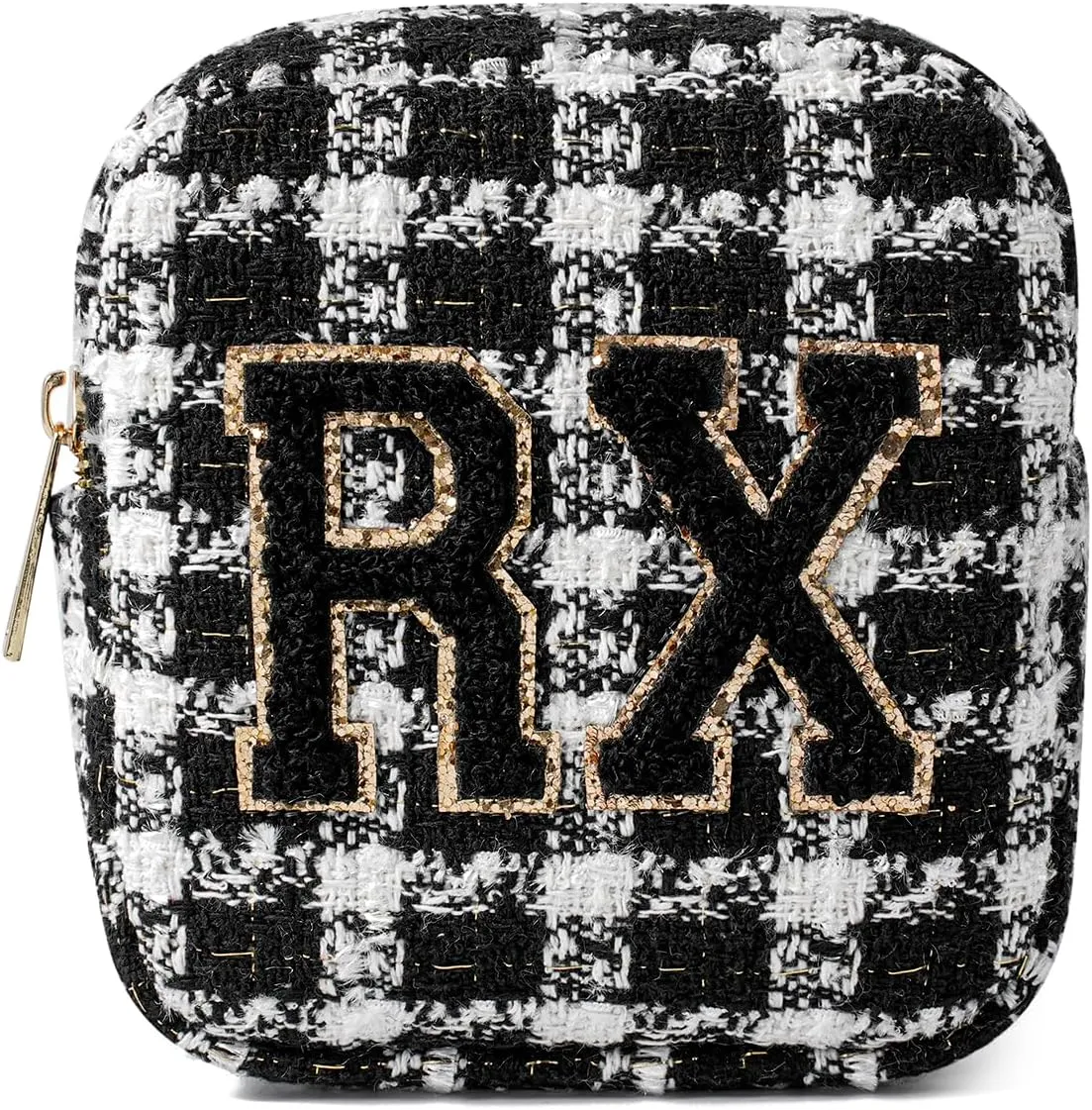 Small Medicine Bag for Travel, Personalized RX Chenille Letters Checkered Pouch for Women and Girls, Cute Meds Drug Makeup Bags with Zipper (03Black Checkered)