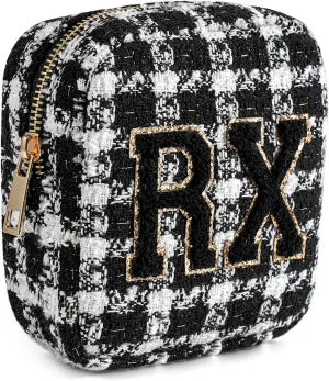 Small Medicine Bag for Travel, Personalized RX Chenille Letters Checkered Pouch for Women and Girls, Cute Meds Drug Makeup Bags with Zipper (03Black Checkered)