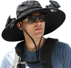 Solar Fan Hat, Women Men Wide Brim Sun Hats with 2 Solar Fan, UPF 50  Breathable Bucket Hat Outdoor Fishing Hat for Camping