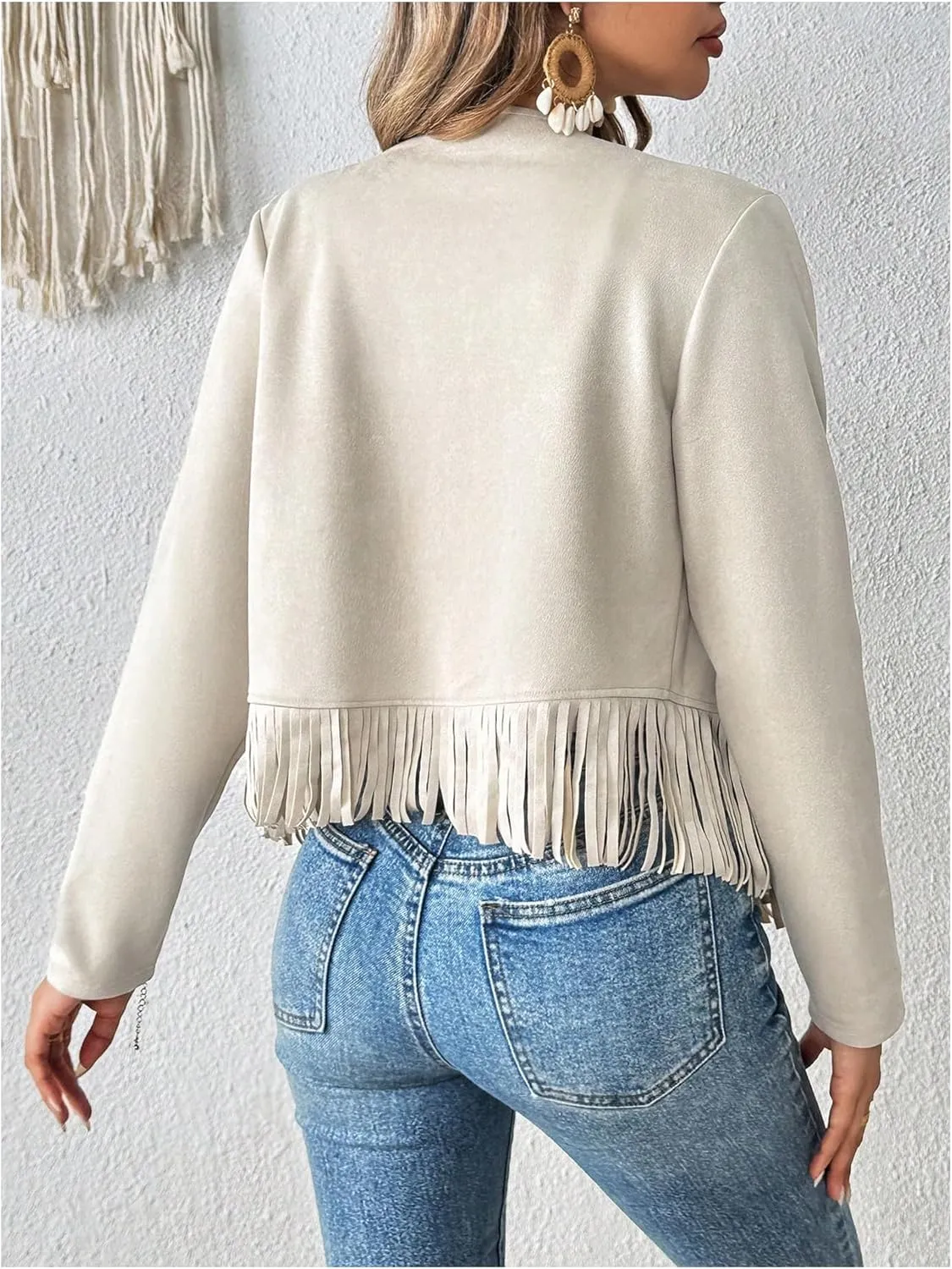 SOLY HUX Women's Faux Suede Fringe Trim Long Sleeve Open Front Cardigan Jacket Western Concert Outfits