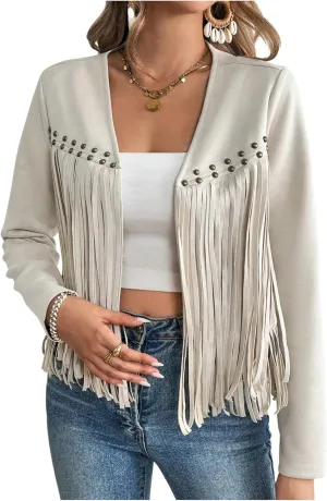 SOLY HUX Women's Faux Suede Fringe Trim Long Sleeve Open Front Cardigan Jacket Western Concert Outfits