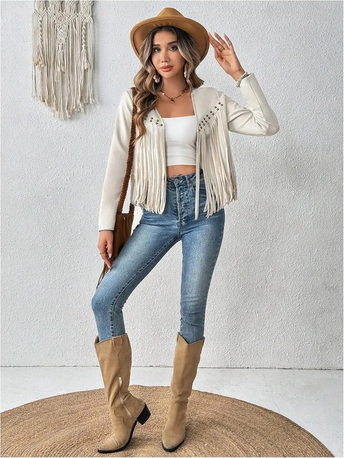 SOLY HUX Women's Faux Suede Fringe Trim Long Sleeve Open Front Cardigan Jacket Western Concert Outfits